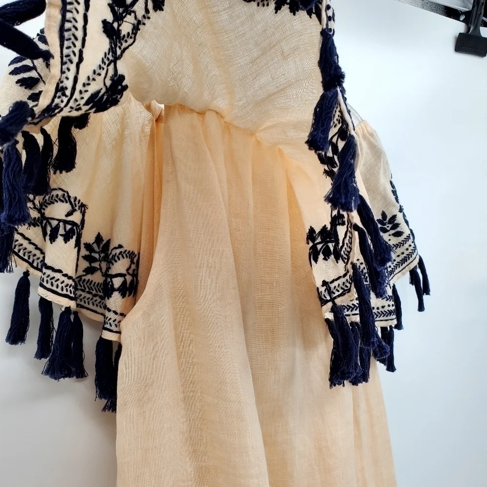 St. Roche 100% Linen Off Shoulder Embroidered Tassel Mini Dress